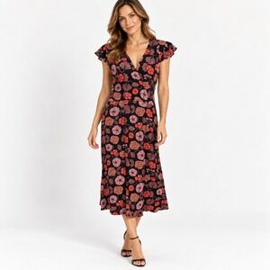 Corey Lynn Calter Floral Midi Dress 6 Black Red Rayon Cottagecore‎ Whimsigoth